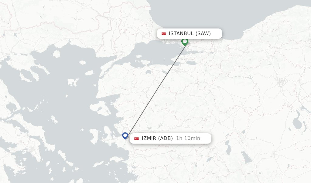 Flights from Istanbul to Izmir route map
