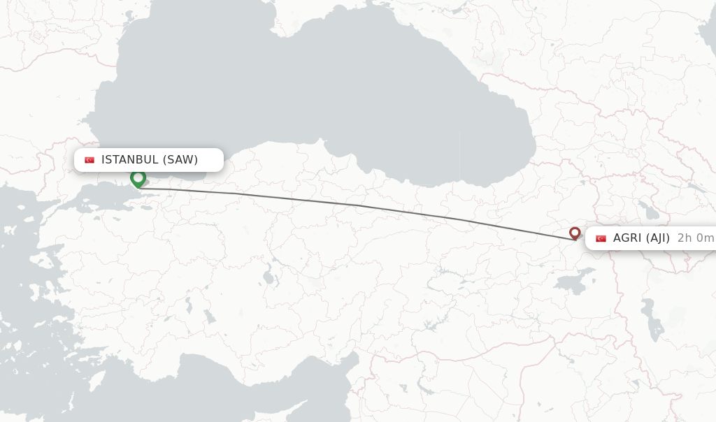Flights from Istanbul to Agri route map