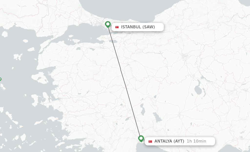 Flights from Istanbul to Antalya route map