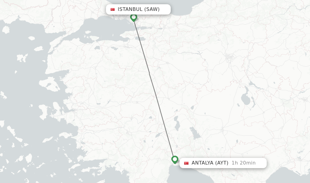 Flights from Istanbul to Antalya route map
