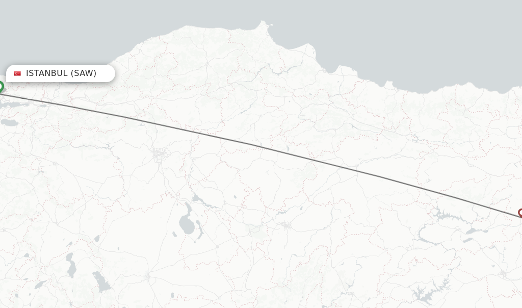 Flights from Istanbul to Bingol route map