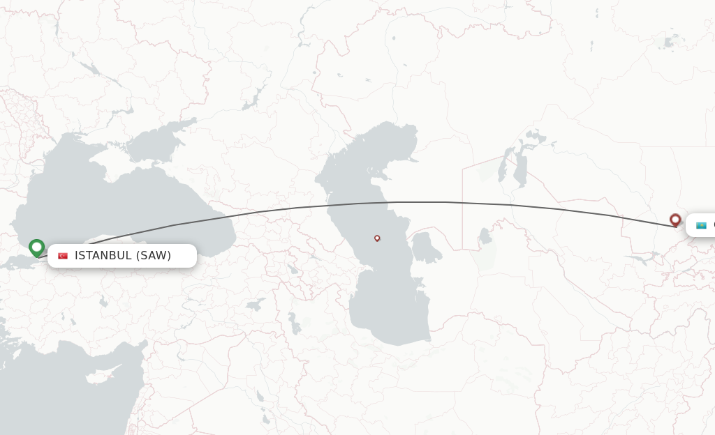 Flights from Istanbul to Shymkent route map