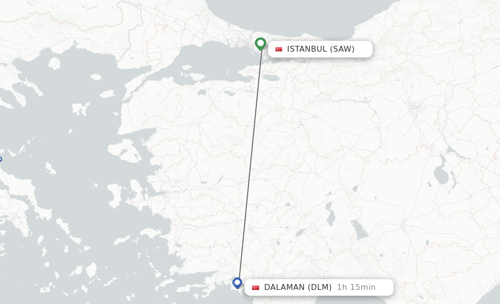Flights from Istanbul to Dalaman route map