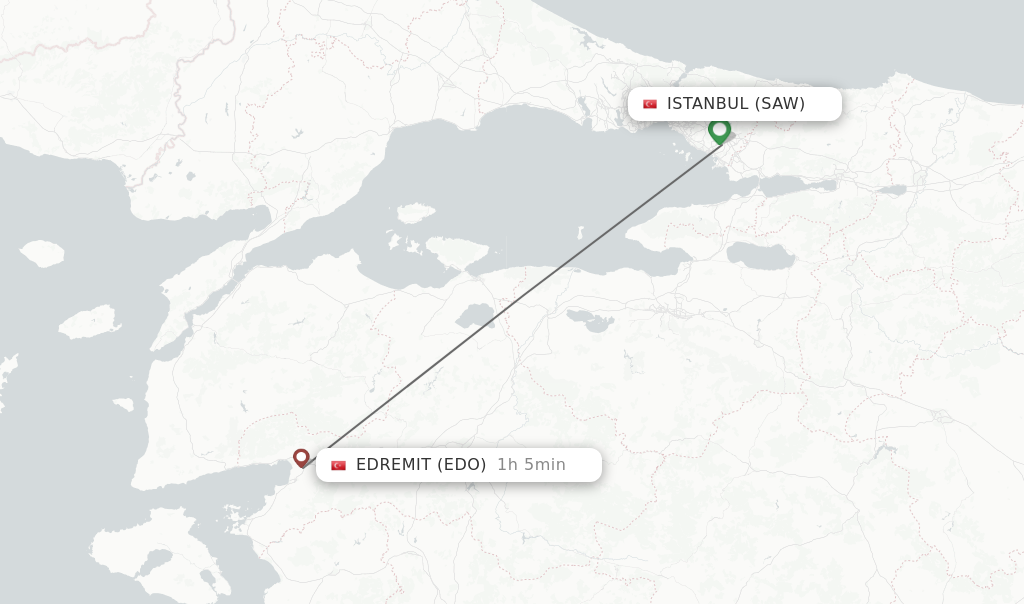 Flights from Istanbul to Edremit route map