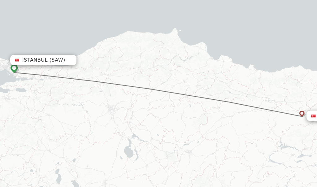 Flights from Istanbul to Erzincan route map