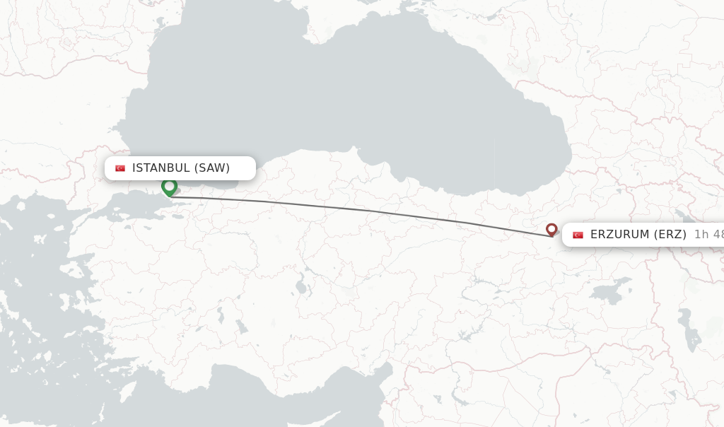 Flights from Istanbul to Erzurum route map