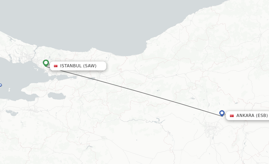 Flights from Istanbul to Ankara route map