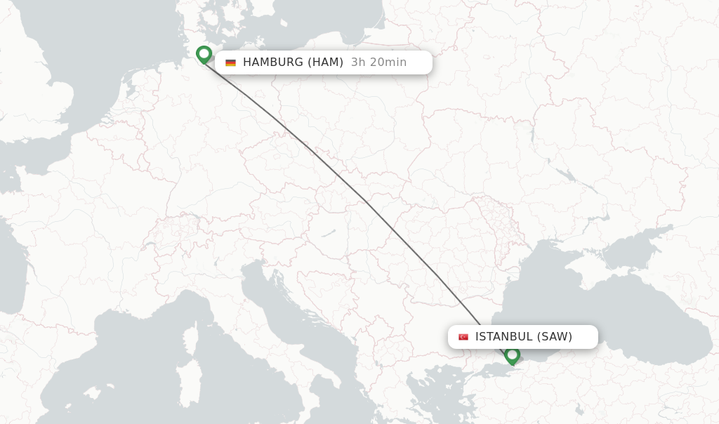 Flights from Istanbul to Hamburg route map