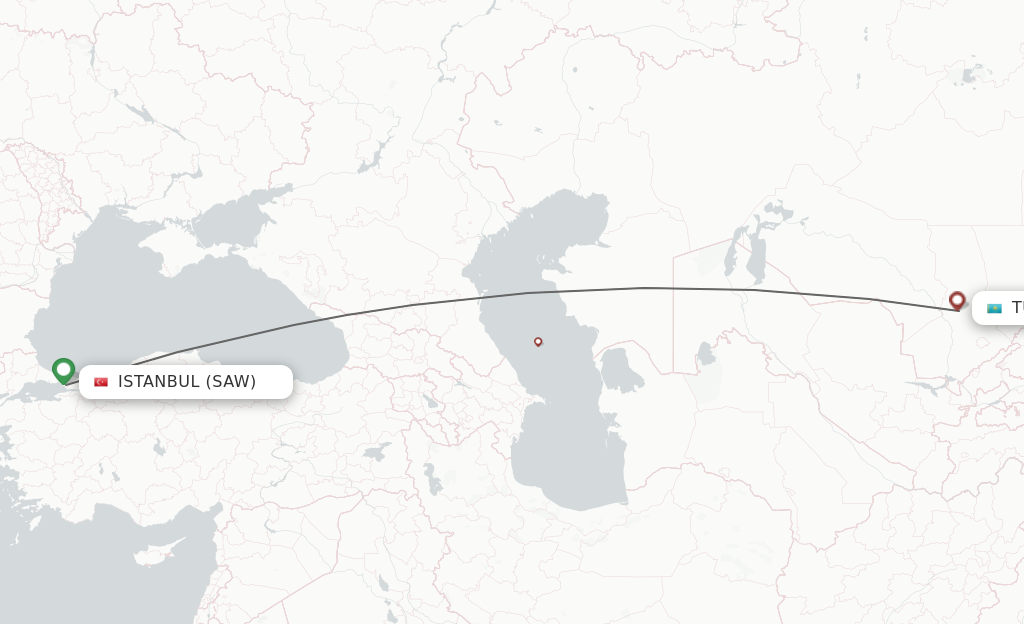 Flights from Istanbul to Turkistan route map