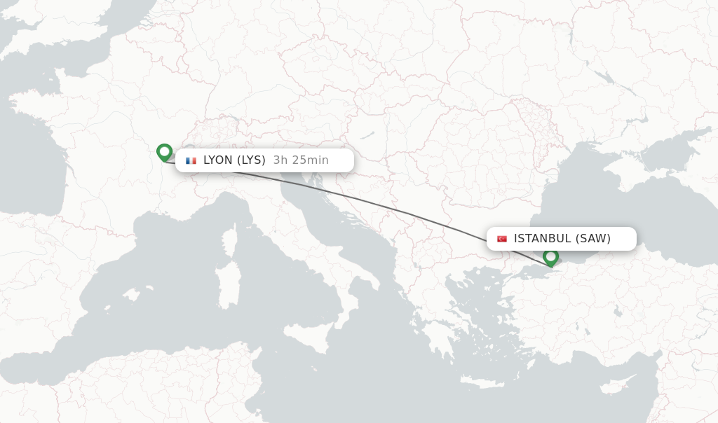 Flights from Istanbul to Lyon route map