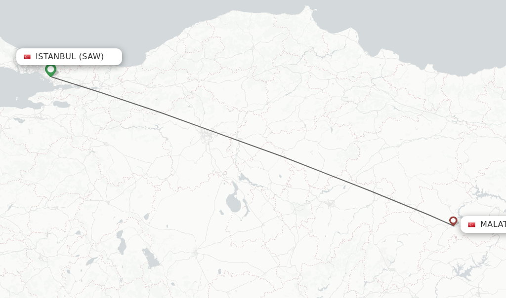 Flights from Istanbul to Malatya route map