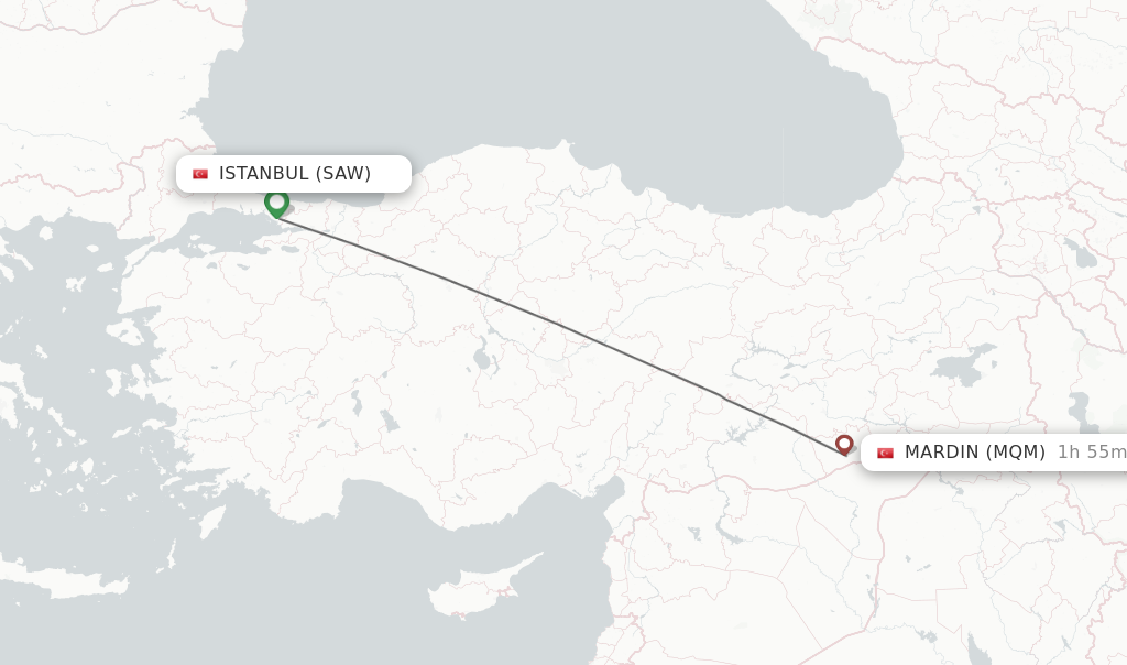 Flights from Istanbul to Mardin route map