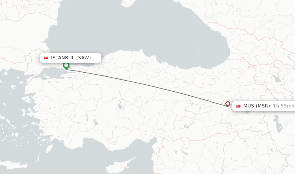 Flights from Istanbul to Mus route map