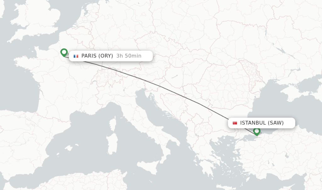 Flights from Istanbul to Paris route map