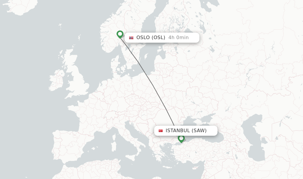 Flights from Istanbul to Oslo route map