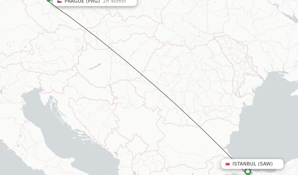 Flights from Istanbul to Prague route map