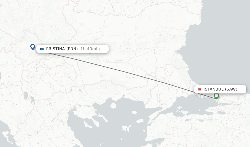 Flights from Istanbul to Pristina route map