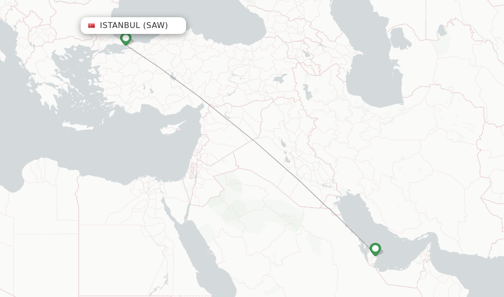 Route map with flights from Istanbul with Qatar Airways
