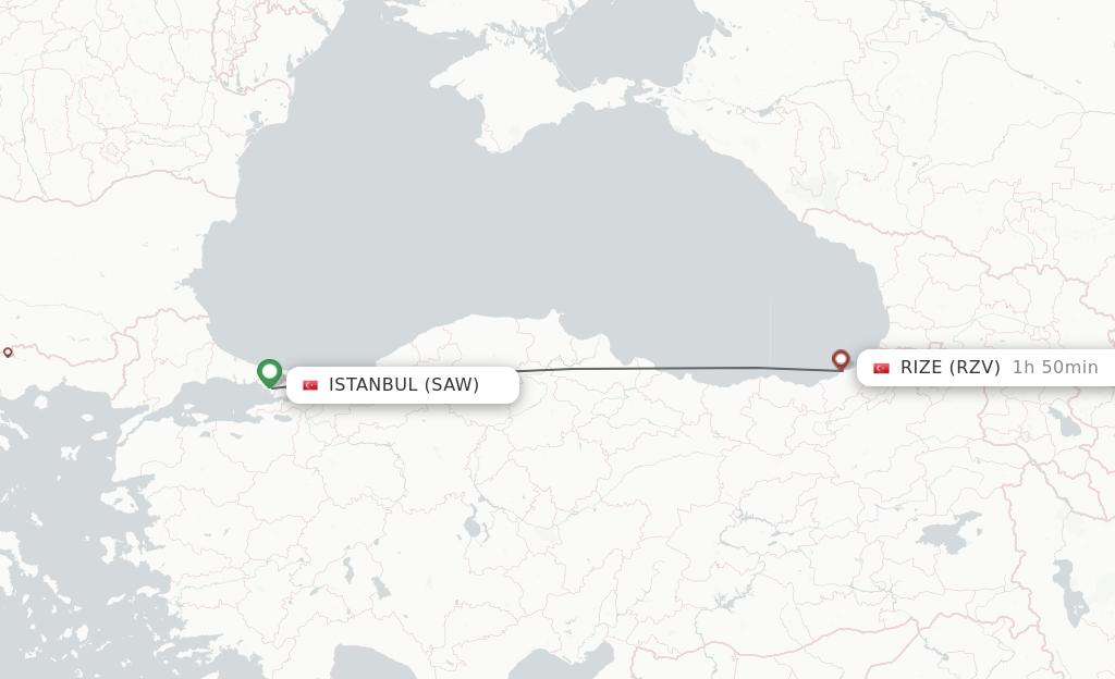Flights from Istanbul to Rize route map