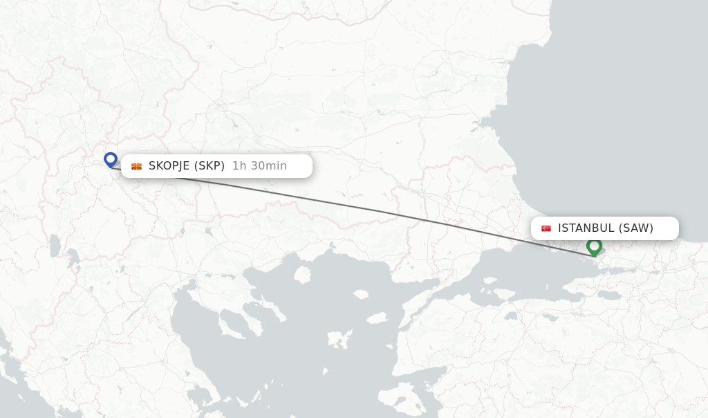 Flights from Istanbul to Skopje route map