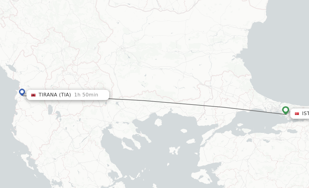 Flights from Istanbul to Tirana route map