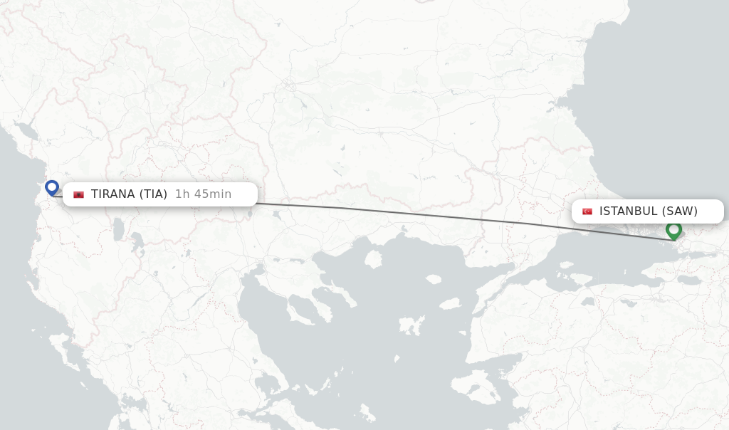 Flights from Istanbul to Tirana route map