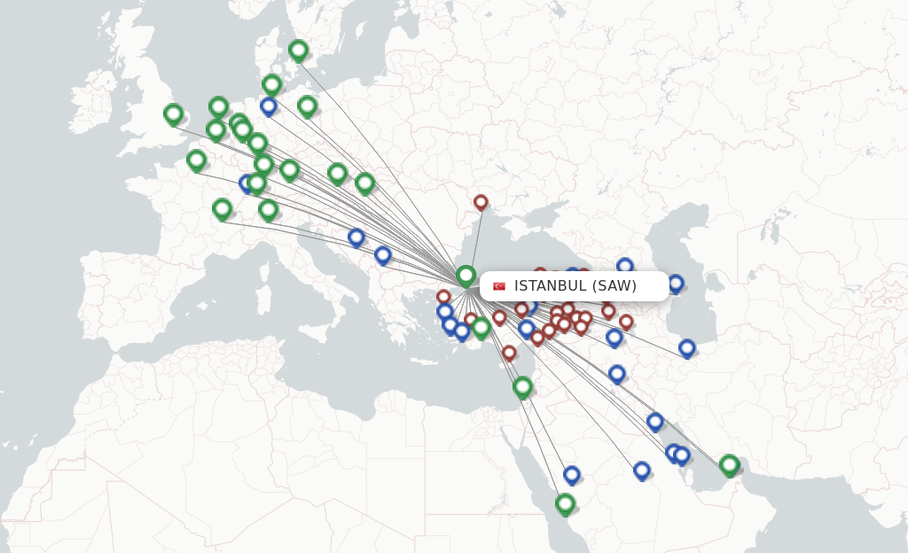 Route map with flights from Istanbul with Turkish Airlines