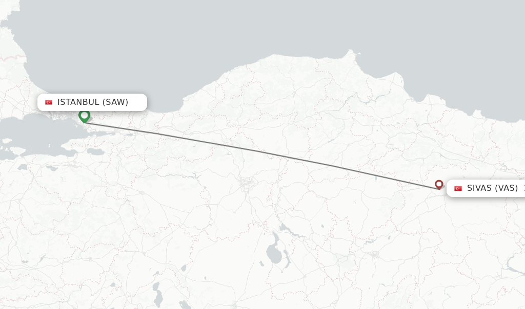 Flights from Istanbul to Sivas route map
