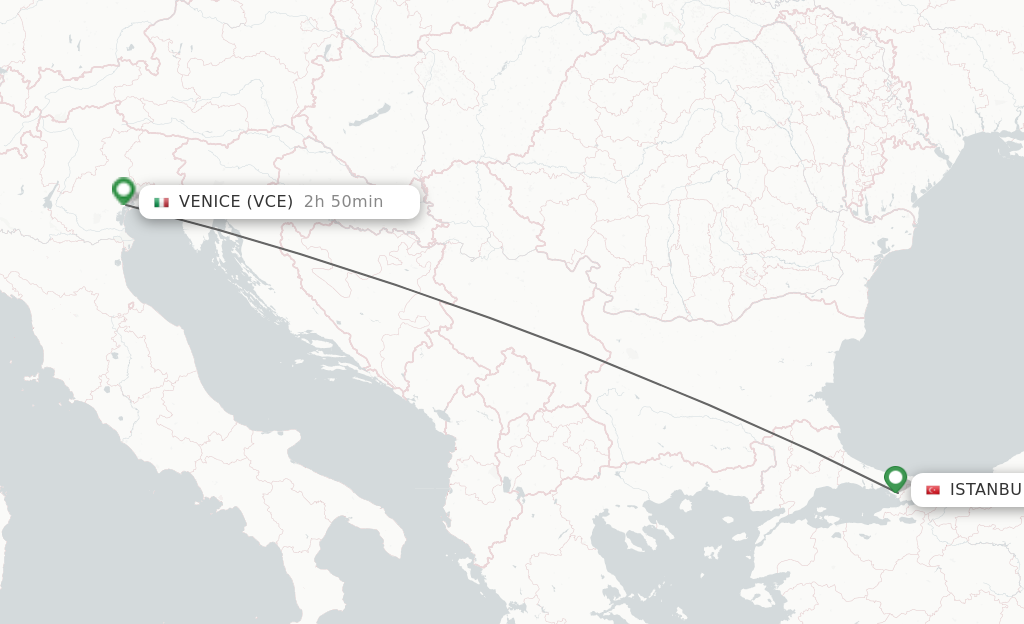 Flights from Istanbul to Venice route map