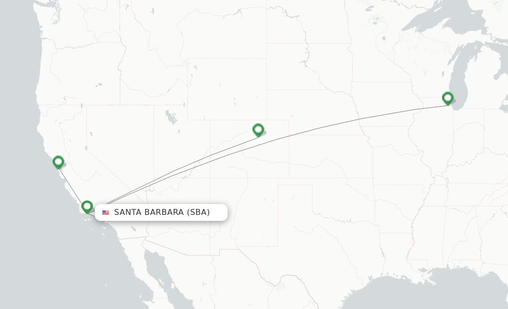 Route map with flights from Santa Barbara with United