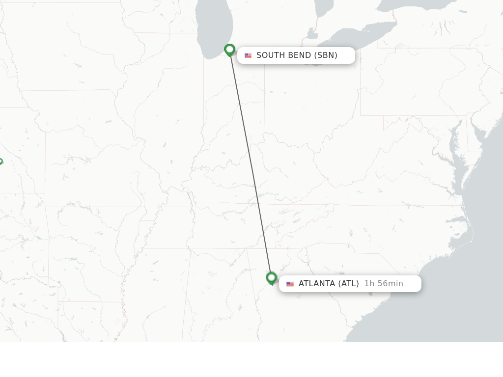 Flights from South Bend to Atlanta route map