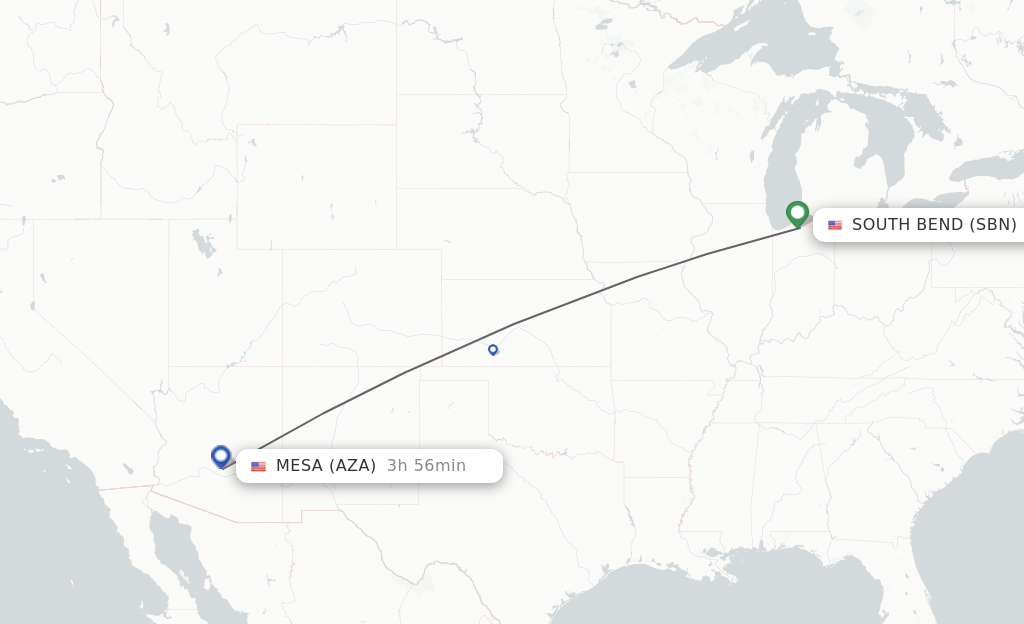 Flights from South Bend to Mesa route map