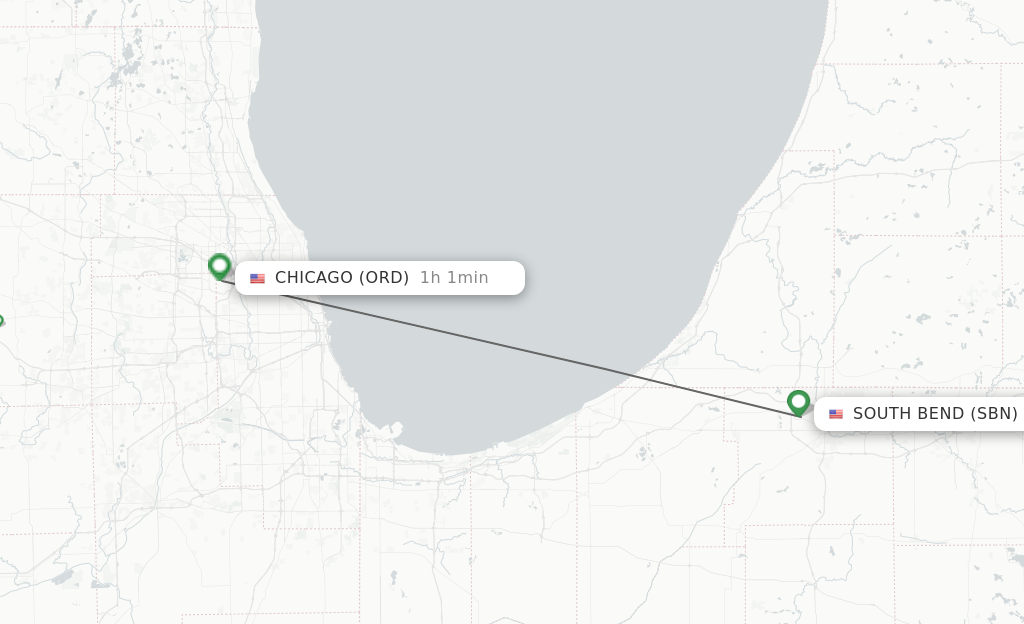 Flights from South Bend to Chicago route map