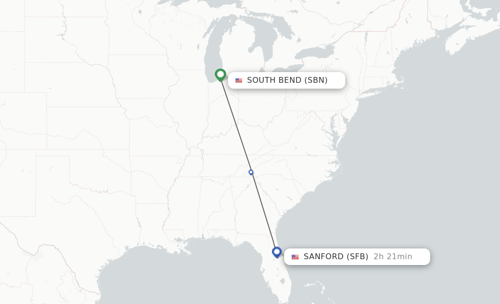 Flights from South Bend to Orlando route map