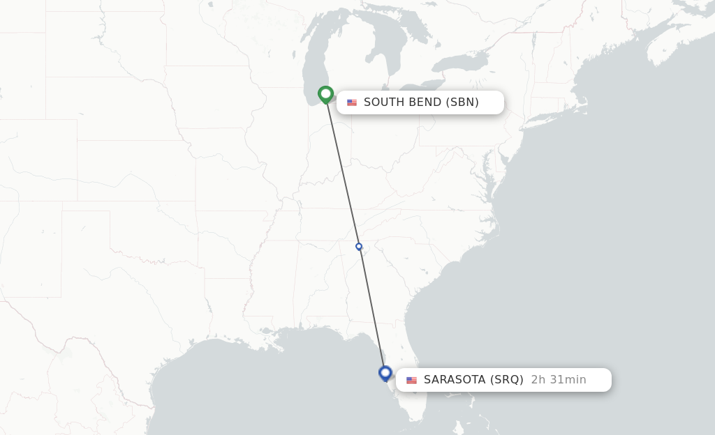 Flights from South Bend to Sarasota route map