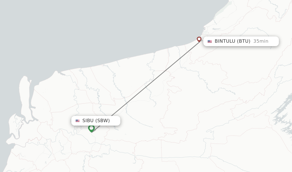 Flights from Sibu to Bintulu route map