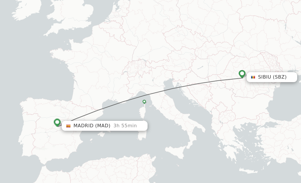 Flights from Sibiu to Madrid route map
