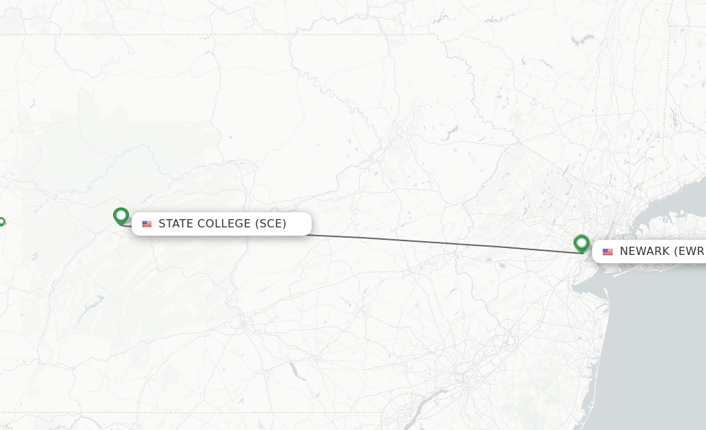 Flights from State College to Newark route map