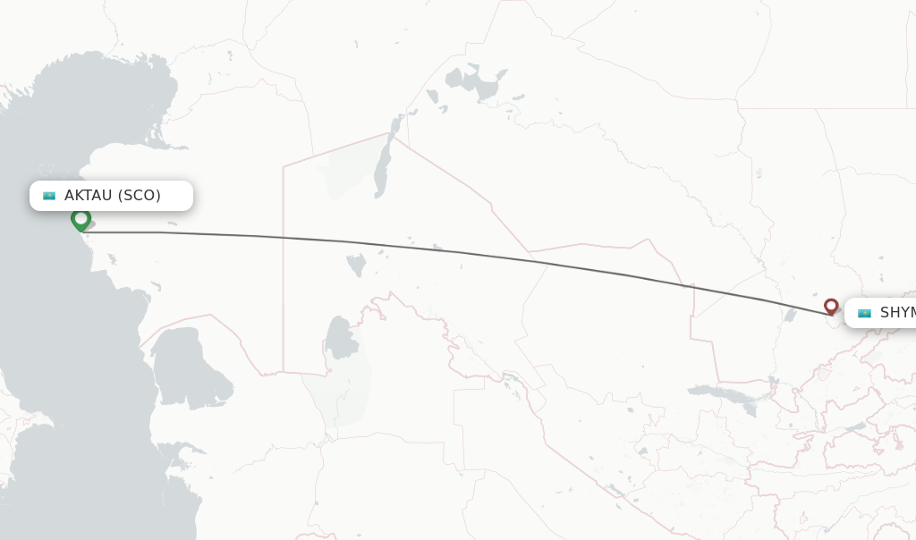 Flights from Aktau to Shymkent route map