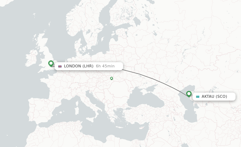 Flights from Aktau to London route map