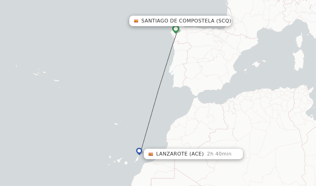 Flights from Santiago De Compostela to Lanzarote route map