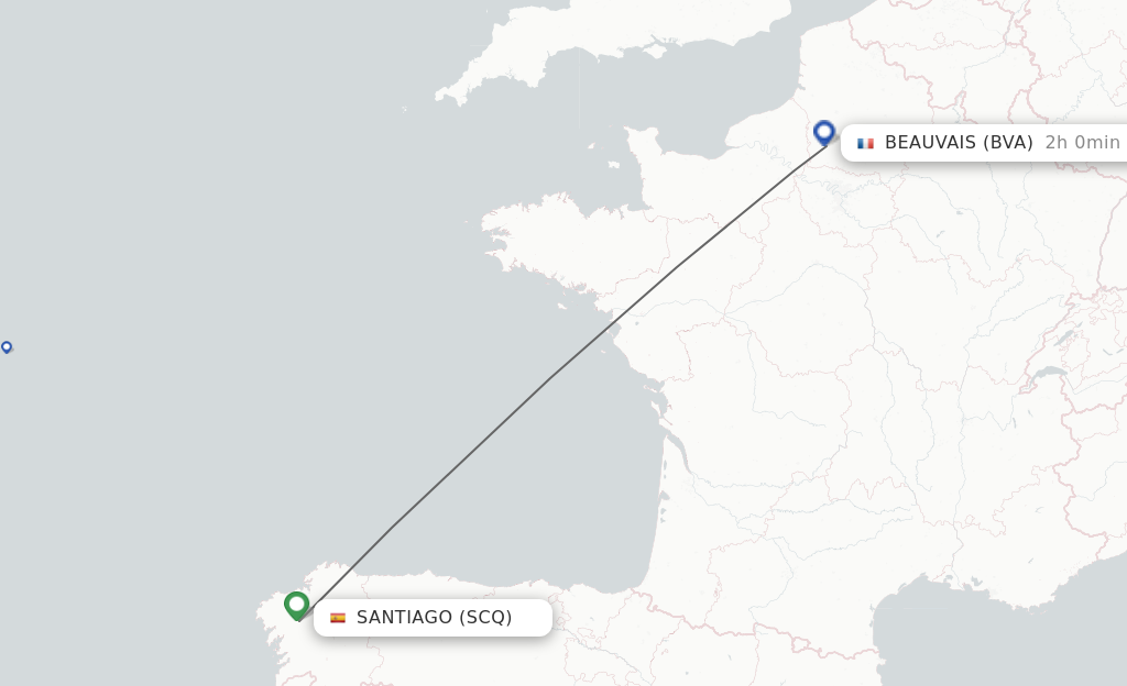 Flights from Santiago De Compostela to Paris route map
