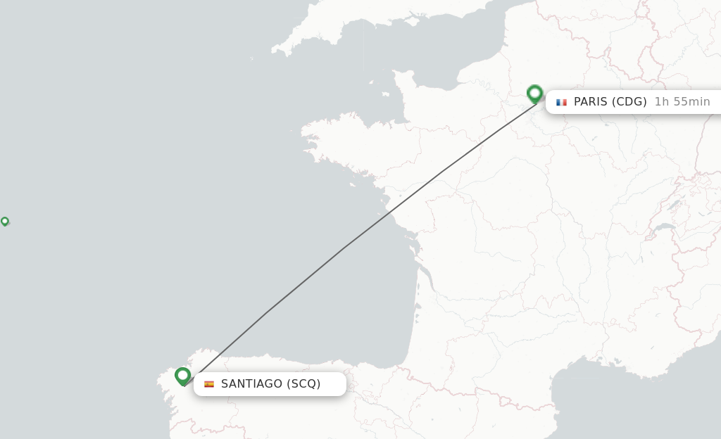 Flights from Santiago to Paris route map