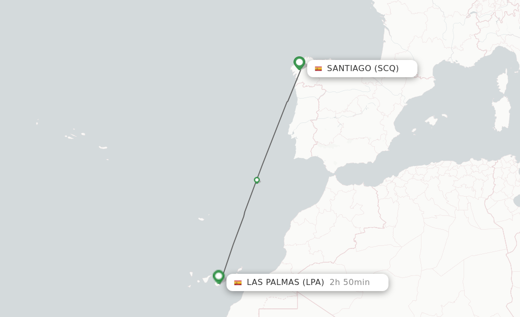 Flights from Santiago to Las Palmas route map