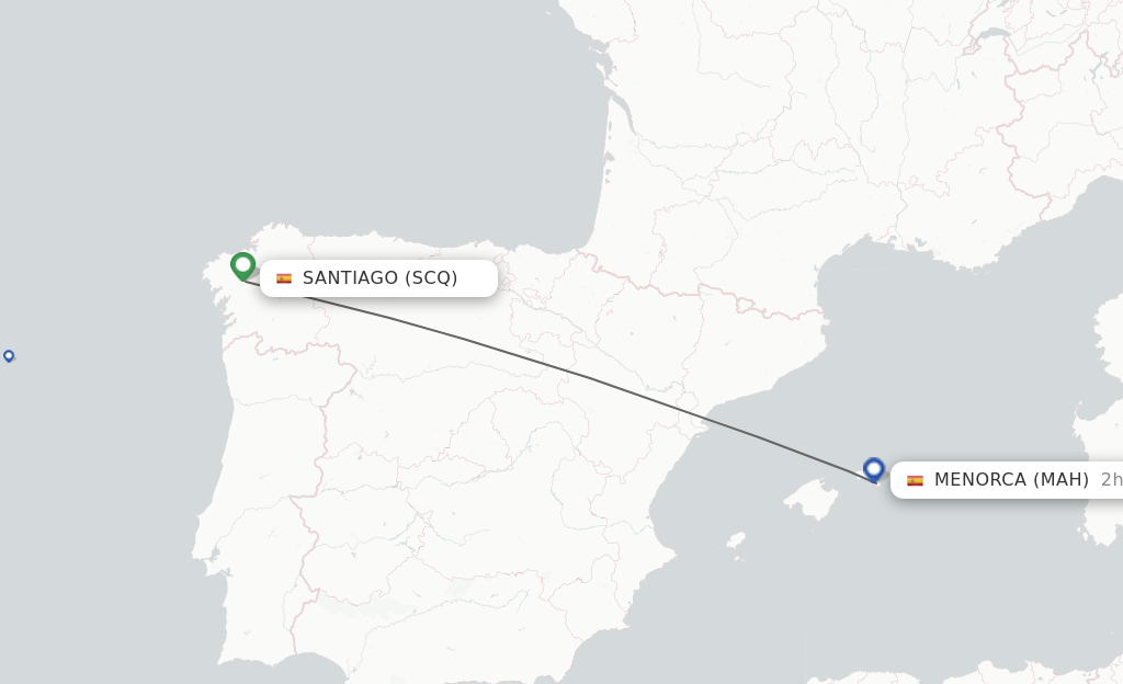 Flights from Santiago De Compostela to Menorca route map