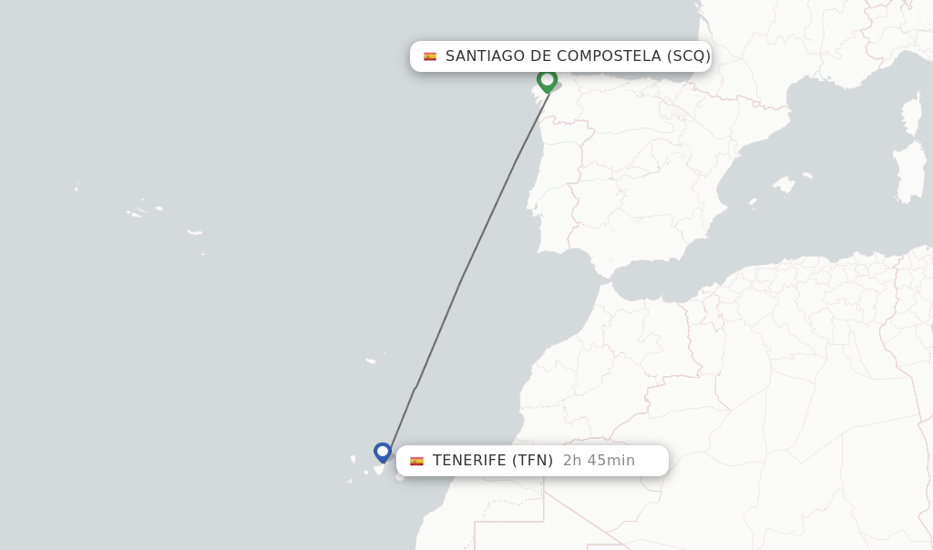 Flights from Santiago De Compostela to Tenerife route map