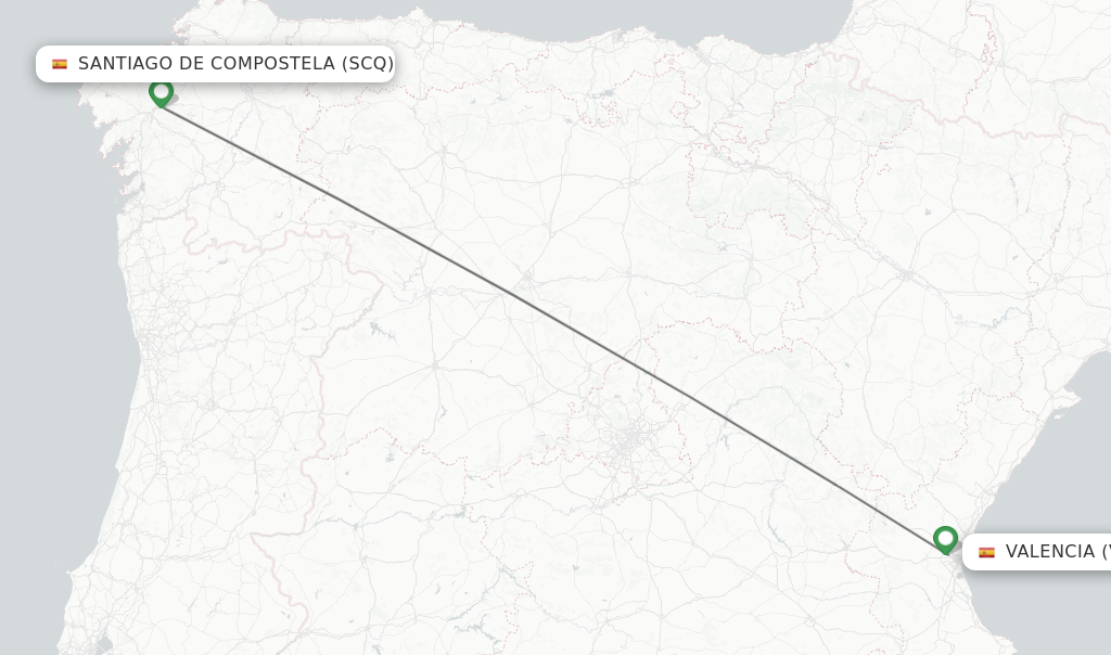 Flights from Santiago De Compostela to Valencia route map