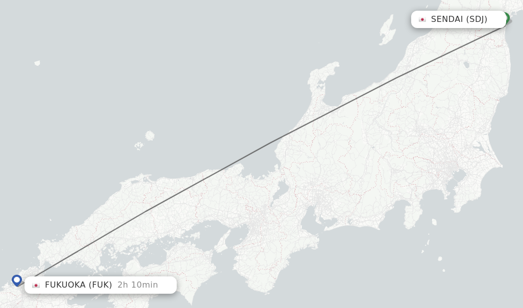 Flights from Sendai to Fukuoka route map