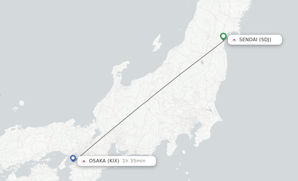 Flights from Sendai to Osaka route map