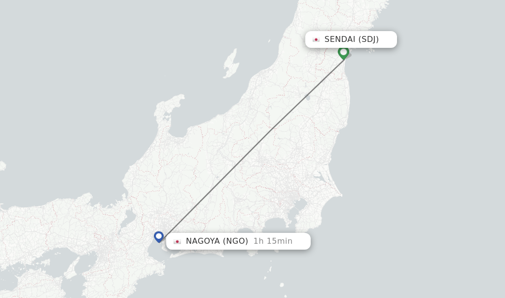 Flights from Sendai to Nagoya route map